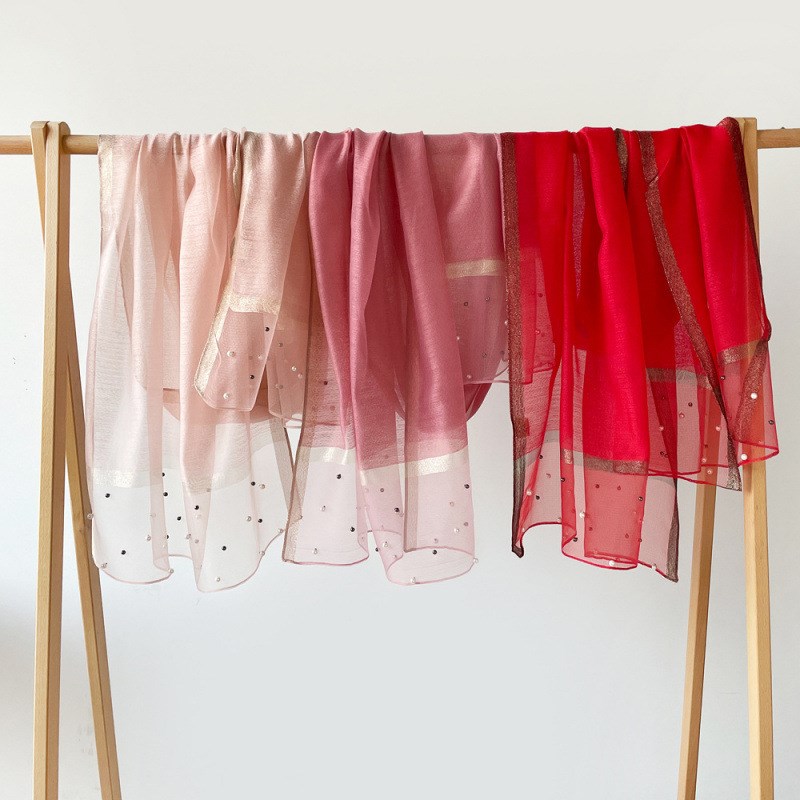 新款纯色珍珠丝巾女士春夏欧美仿丝轻薄大披肩长围巾围巾