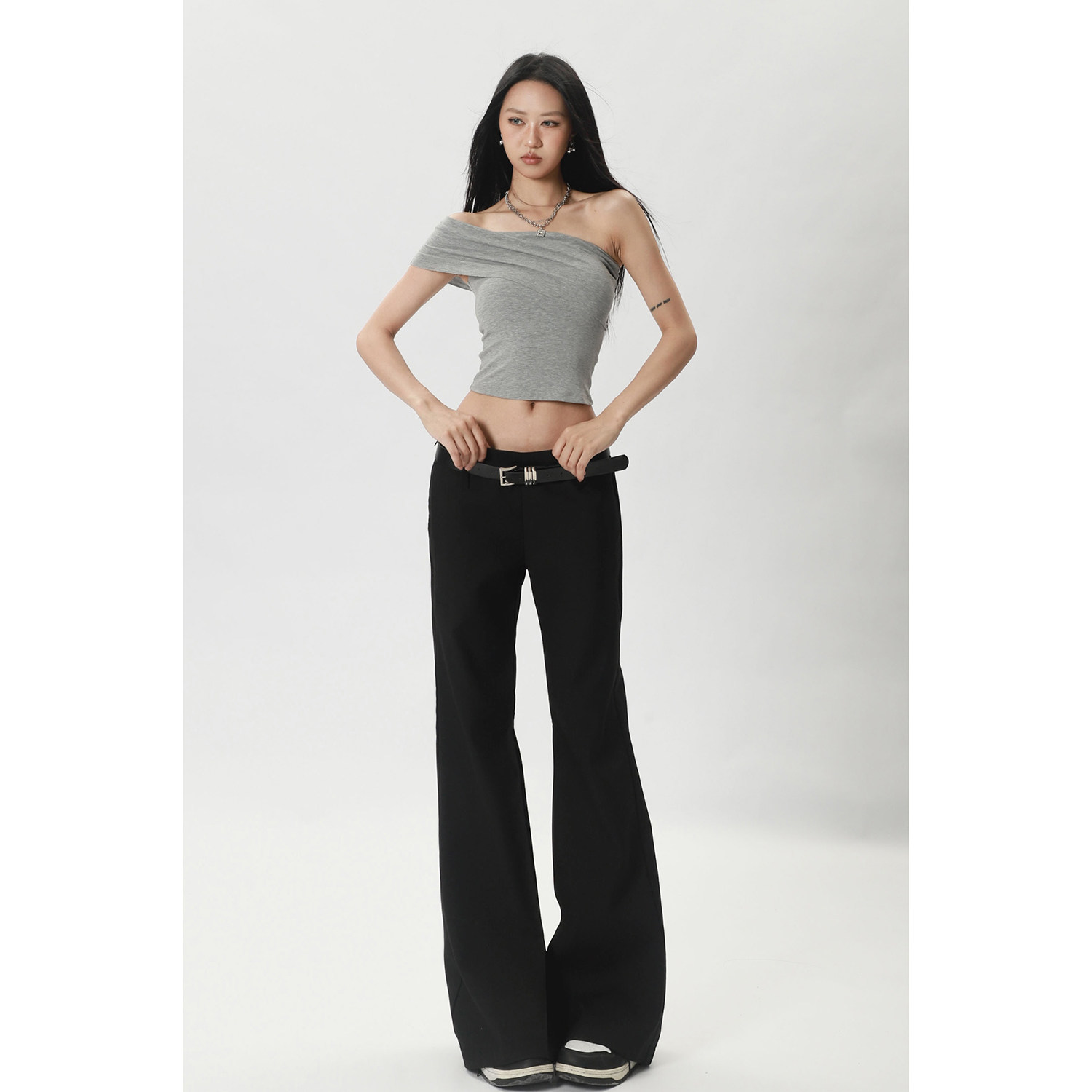 thumbnail for European and American supermodel bootcut pants, slim non-stretch suit pants, slender long legs, composite low-rise sexy floor-length pants, trousers