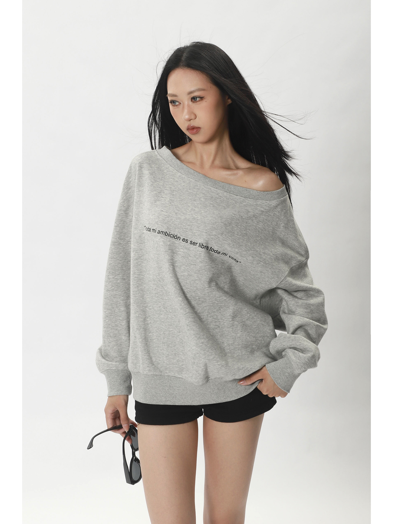 American Style Lazy Letter Embroider Design Off-Shoulder Top for Sexys Loose ins Autum Long-Sleeved Off-Shoulder Sweatshirt