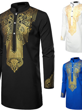 外贸跨境LAZADA男士长袖印花衬衫图腾长款衬衣非洲风 Men's shirt