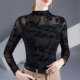 植绒印花网纱t恤微透薄纱上衣 女秋长袖 2025新款 半高领蕾丝打底衫