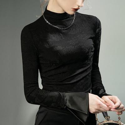半高领新中式提花蕾丝上衣女长袖