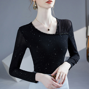 2025新款斜v领网纱t恤亮晶晶打底衫女长袖亮片蕾丝亮闪闪上衣秋装