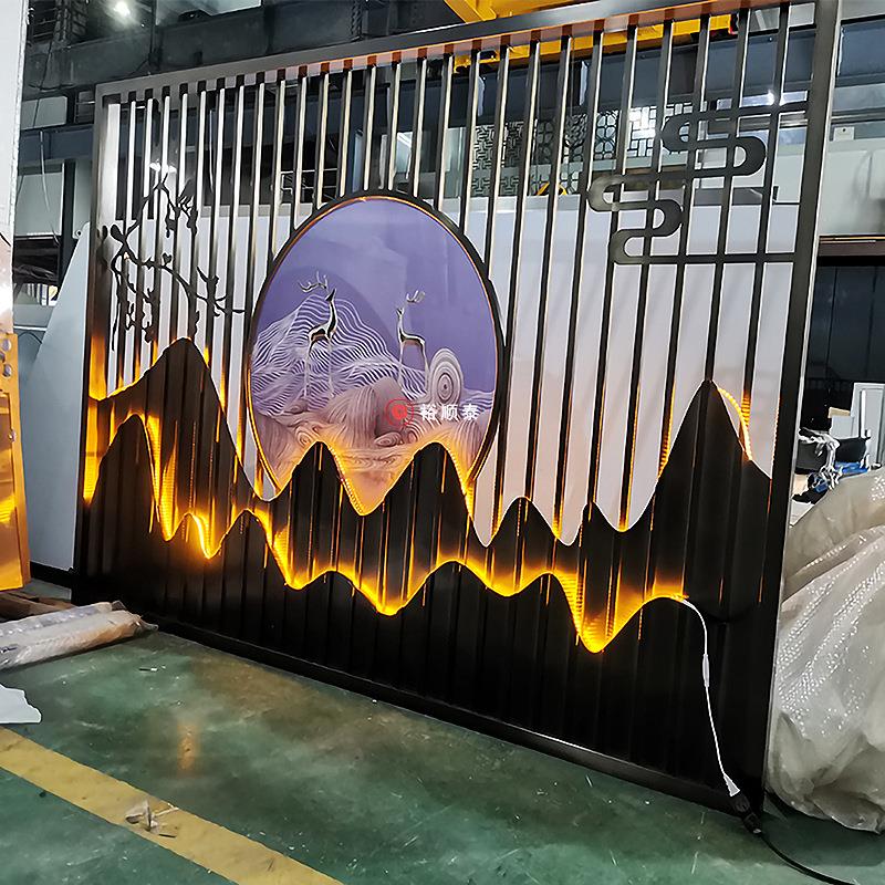 承接酒店别墅园林售楼部假山带灯影壁墙山水背景墙不锈钢山峦屏风