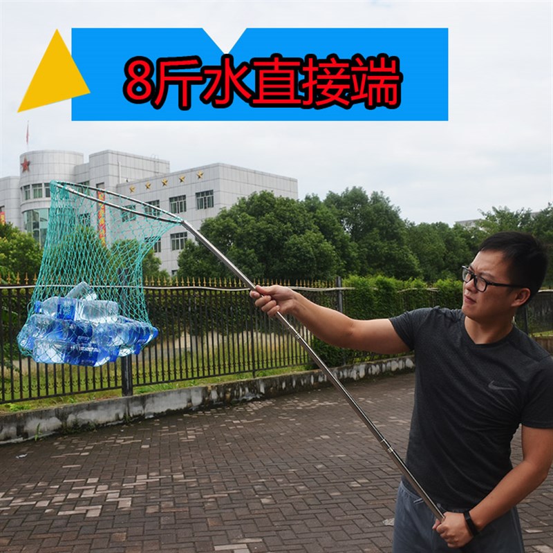热销抄网大物巨物鲟鱼三角实心圈网头不锈钢加厚伸缩抄网杆超硬鱼