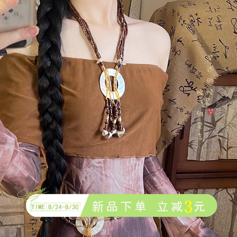 热销新中式多层贝壳檀木串项链女2024新款小众设计感毛衣链民族风