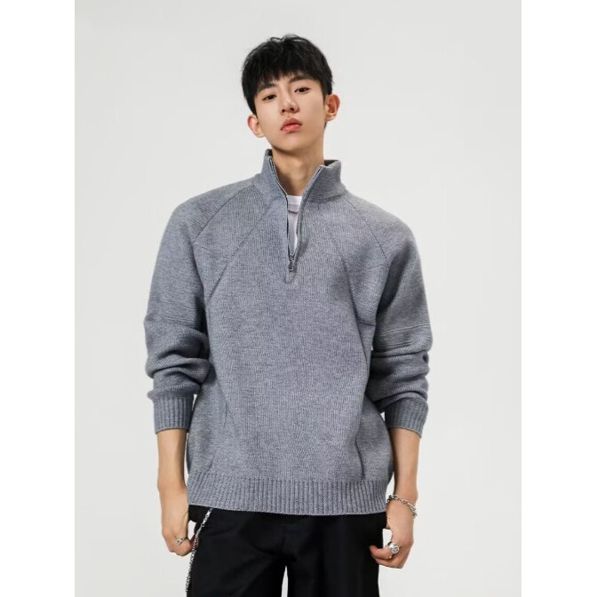 欧洲站半高领拉链毛衣男秋冬季2025新款宽松套头纯色打底针织衫男