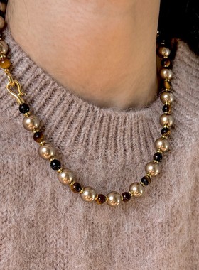 日本品质秋冬款美拉德虎眼石摩卡金棕施家珍珠串珠项链轻奢小众设