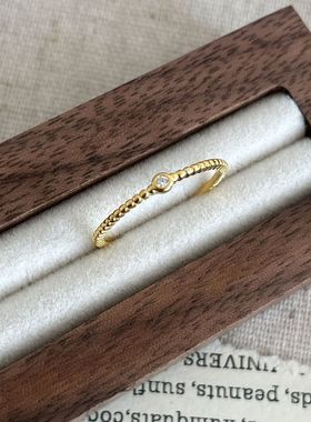 日本品质金豆豆戒指S925纯银镀18k金 单钻戒指女镶锆石戒指尾戒叠