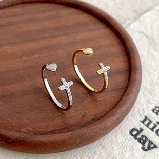 日本品质镶钻十字架桃心开口戒指女S925纯银镀18K金光面爱心指环