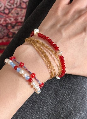 日本品质手作精致编织多层链条红宝石简约叠戴红玛瑙天然淡水珍珠