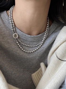 日本品质贝母扣真多麻色灰珍珠双层项链女百搭高级感小众设计女毛
