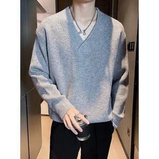 欧洲站美式复古灰色v领毛衣男款冬季潮牌慵懒针织衫外套叠穿内搭