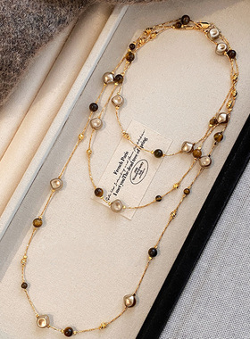 日本品质复古虎眼石长款珍珠串珠项链女小众叠戴毛衣链轻奢高级感