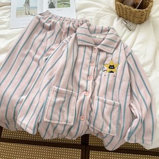 日本品质韩系小黑猫睡衣女秋冬季珊瑚绒加厚保暖卡通条纹网红风家