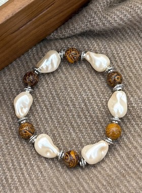 日本品质复古美拉德新中式人造巴洛克珍珠天然纹木石间隔手串百搭