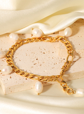 日本品质欧美ins风天然淡水珍珠脚链不锈钢费加罗链18K镀金脚链钛