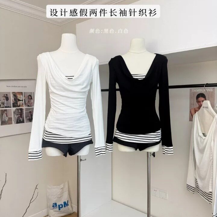 白色荡领条纹假两件长袖t恤女秋季韩系修身设计感内搭打底衫上衣