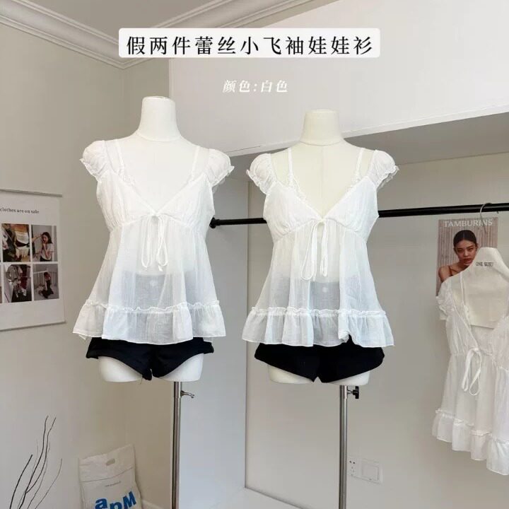 法式假两件蕾丝V领小飞袖小衫女白色荷叶边露背设计感上衣娃娃衫