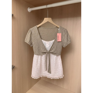 甜美假两件短袖T恤女装夏季新款V领系带蝴蝶结蕾丝拼接设计感上衣