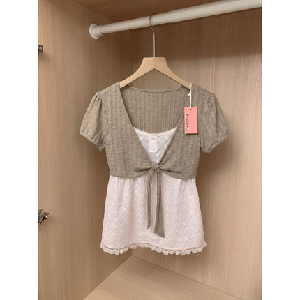 甜美假两件短袖T恤女装夏季新款V领系带蝴蝶结蕾丝拼接设计感上衣