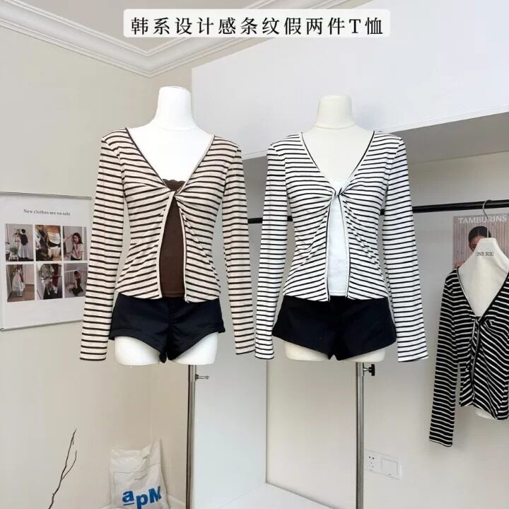 白色条纹假两件长袖T恤女秋季韩系设计感蕾丝修身内搭打底衫上衣
