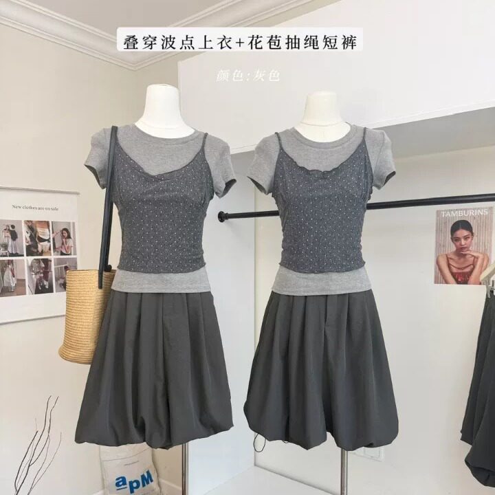 韩系叠穿波点吊带正肩短袖T恤设计感时髦洋气花苞抽绳短裤三件套
