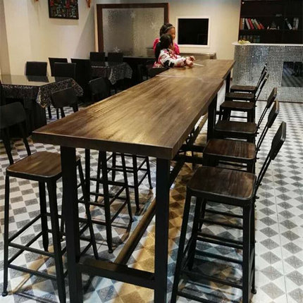 美式铁艺实木吧台桌家用奶茶店咖啡厅餐厅酒吧桌靠墙高脚桌椅组合