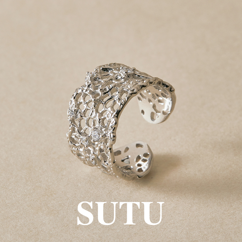 素图蕾丝戒指925小众设计手饰女