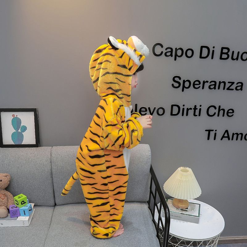 儿童连体睡衣秋冬季法兰绒男童珊瑚绒卡通小老虎男女孩睡袋外出服