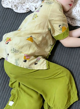 母女装洋派新中式国风亲子装中大童短袖九分裤儿童棉绸两件套外穿