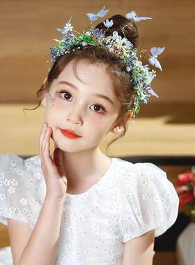 蝴蝶精灵仙子头饰儿童蓝色花环发饰女童演出礼服皇冠王冠发箍