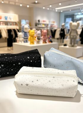 韩系ins风星星笔袋 简约可携式帆布化妆包女学生高颜值大容量文具