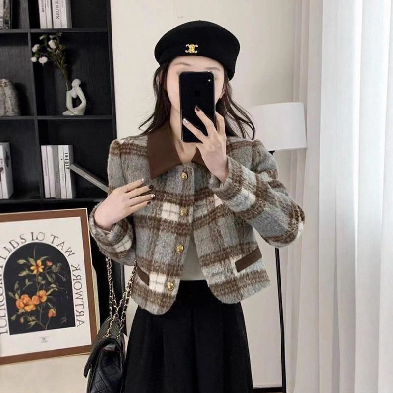 小香风格子毛呢短外套2025新款女秋冬加棉加厚法式高级感百搭上衣