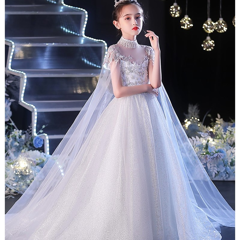 女童拖尾晚礼服公主裙婚纱高端儿童主持人K秋款花童钢琴演奏演出