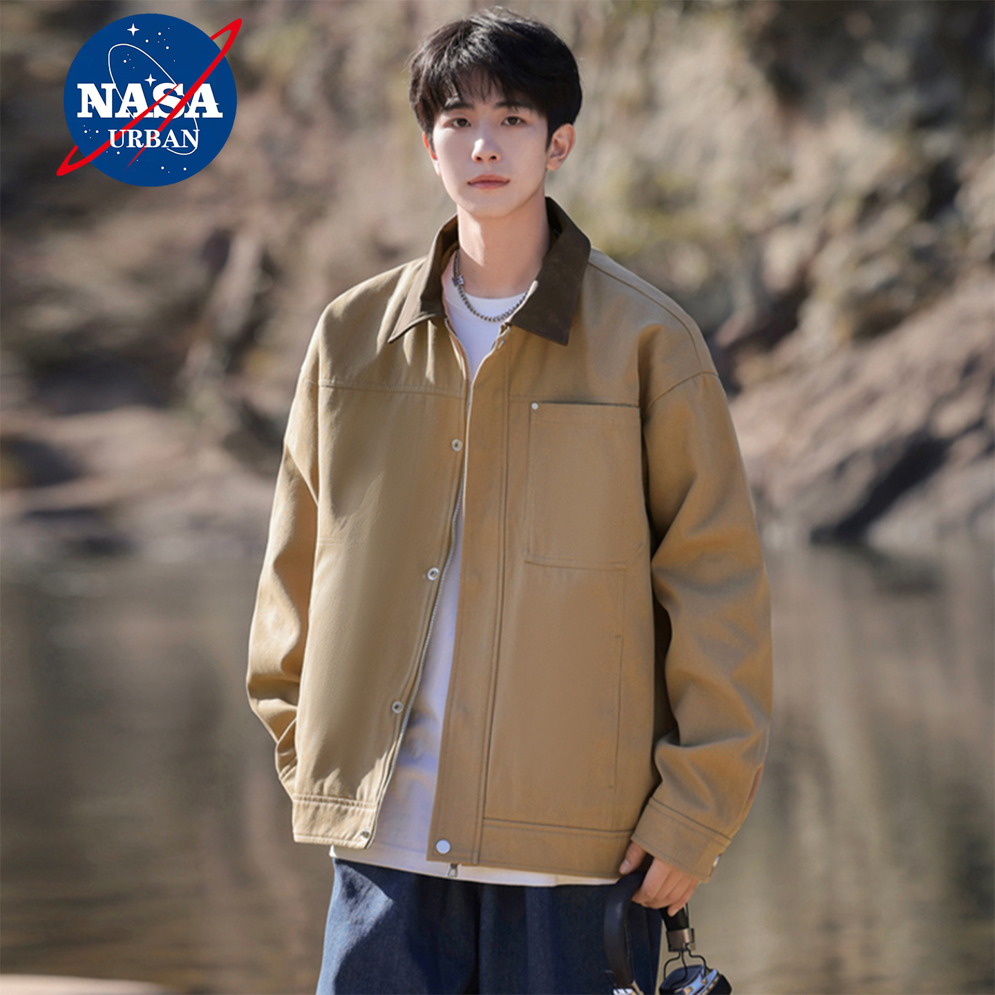 NASA卡其色巴恩风外套男士春秋款高级感工装行政夹克翻领撞色上衣