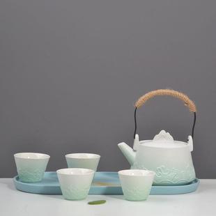 一壶四杯提梁壶椭圆茶盘家用泡茶壶把手壶简易小套装 浮雕茶具套装