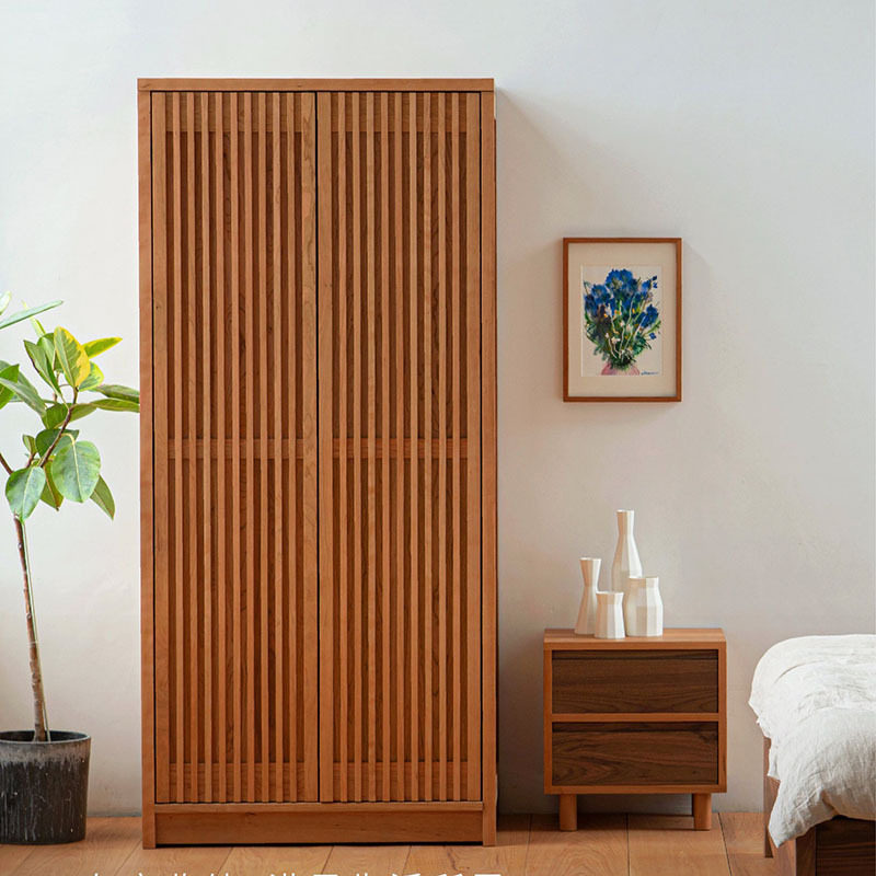 日式实木樱桃木原木衣柜北欧简约卧室衣橱橡木儿童衣柜格栅收纳柜