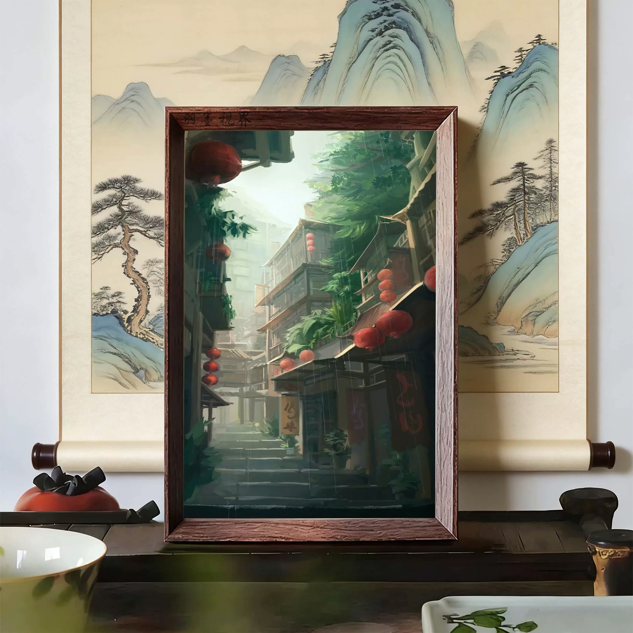 复古老街建筑玄关客厅装饰画