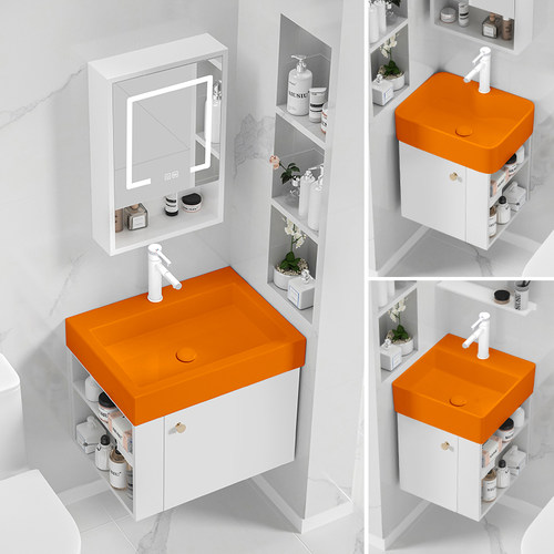 小户型挂墙式实木浴室柜橙色洗漱面盆转角三角洗手池洗手盆壁挂盆