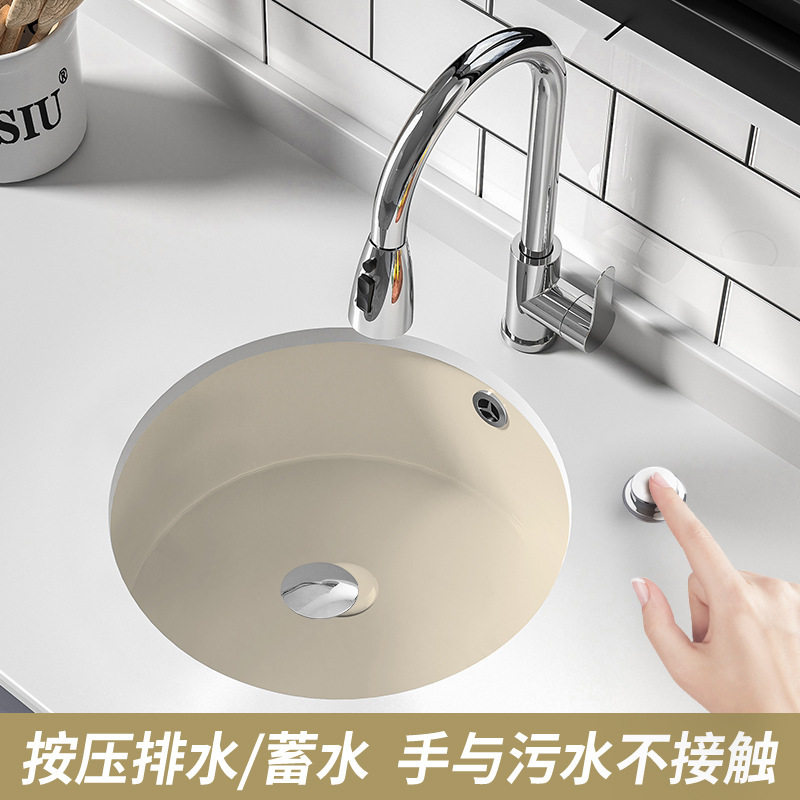 台控按压排水奶油色陶瓷洗手池大理石嵌入式台下盆正圆形洗脸水盆