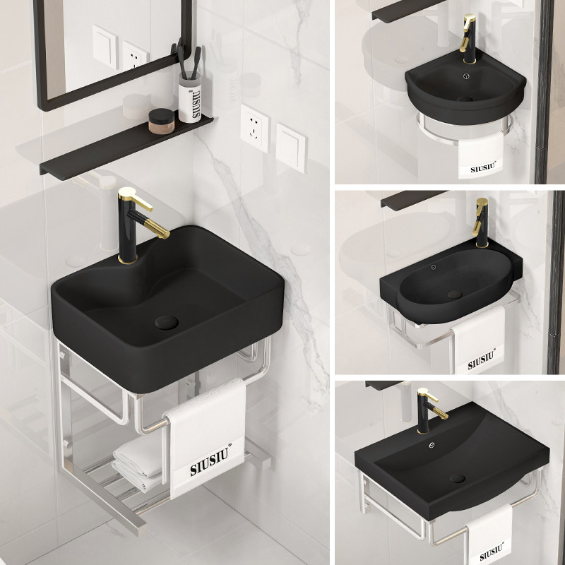 黑色洗漱盆陶瓷三角洗手盆挂墙式简易洗脸盆小户型卫生间面盆阳台