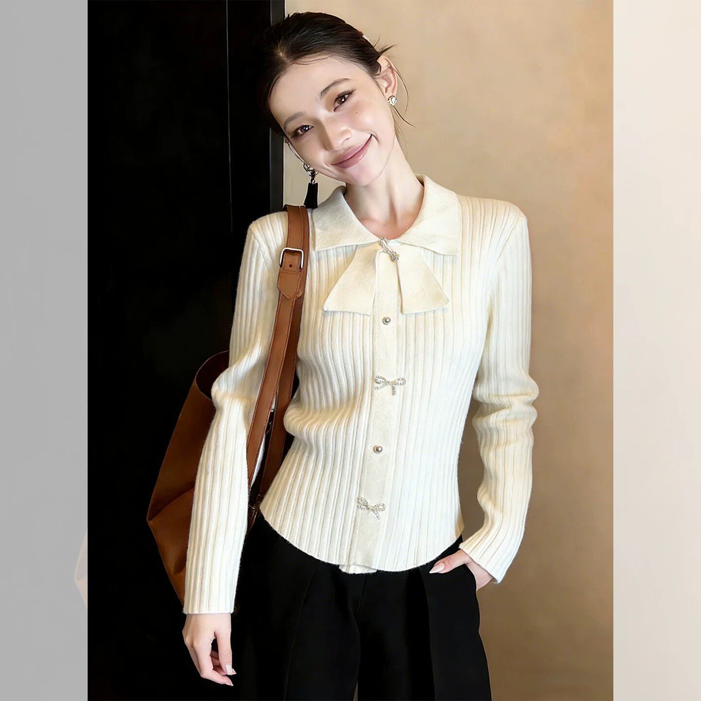 韩版蝴蝶结装饰坑条长袖内搭针织衫女秋冬修身显瘦通勤打底衫上衣