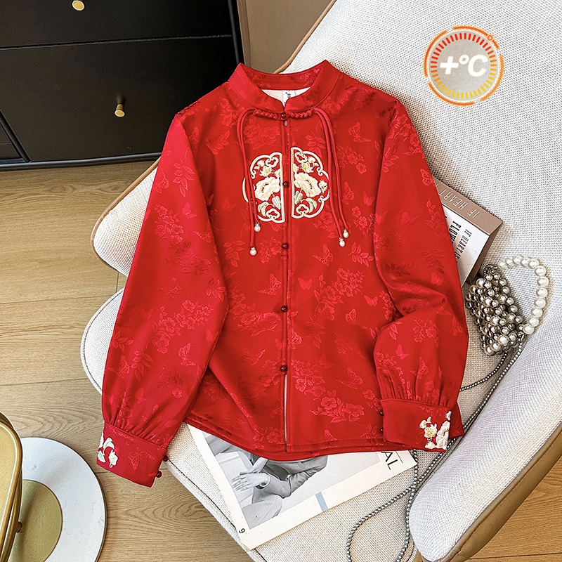 洛如嫣新中式加绒刺绣长袖上衣