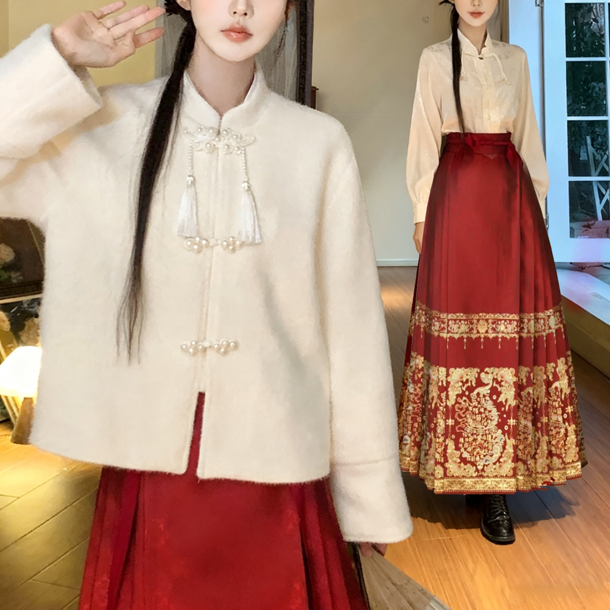 洛如嫣米色新中式国风盘扣冬季加厚百搭毛毛立领短款外套上衣套装