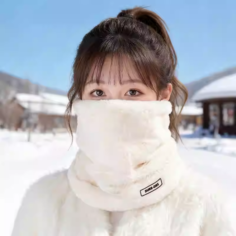 白色围巾女加厚毛绒围脖东北防寒防风面罩哈尔滨保暖滑雪冬季脖套