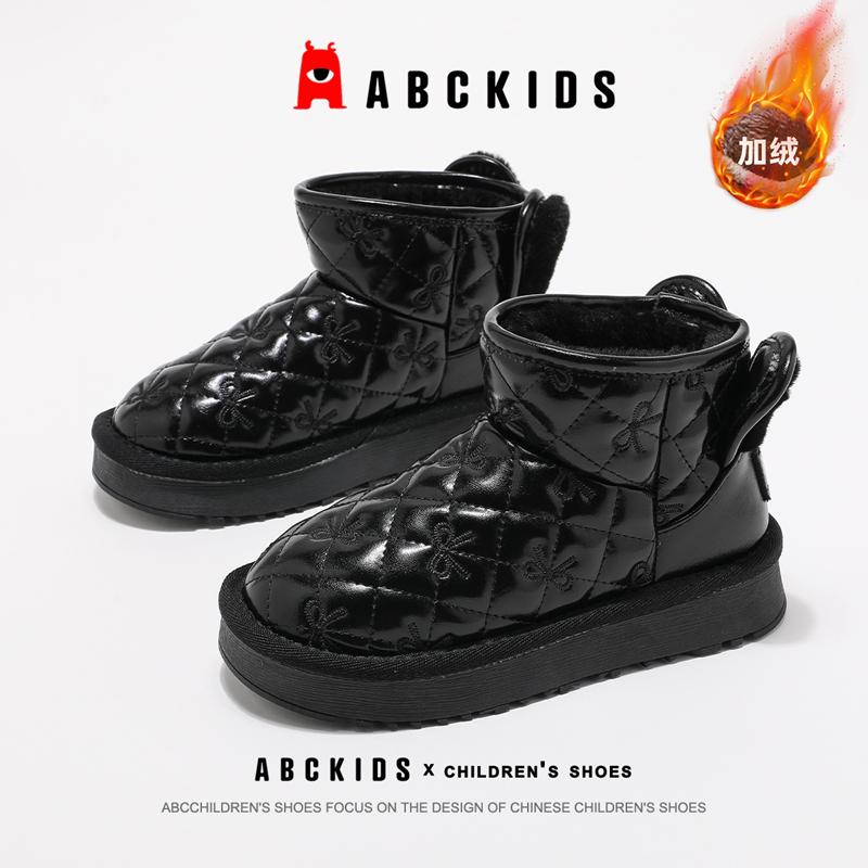 ABCkids童鞋儿童雪地靴女冬季加绒加厚黑色棉鞋秋冬保暖女童棉靴
