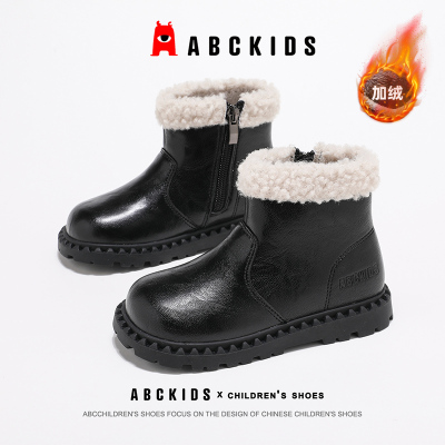 ABCkids童鞋女童加绒皮靴冬季黑色马丁靴女孩棉靴保暖儿童雪地靴