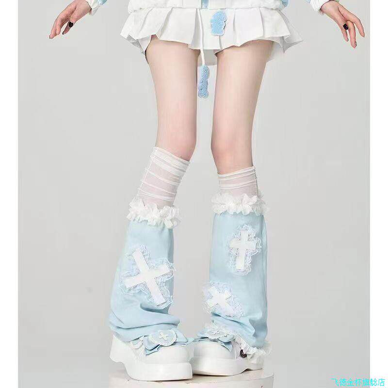 甜美日系十字架蕾丝花边长筒袜套女天蓝色绑带袜*
