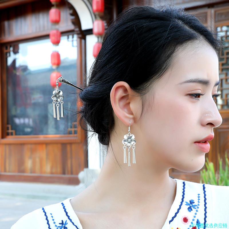 新中式国潮古风耳环女复古宫廷藏式流苏长版汉服耳坠无耳洞耳饰*